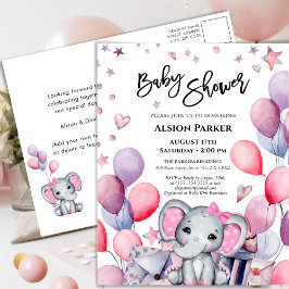 Girl Baby Elephant Pink Balloons Cute Baby shower Uitnodiging Briefkaart