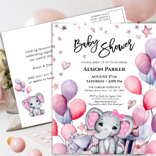 Girl Baby Elephant Pink Balloons Cute Baby shower Uitnodiging Briefkaart