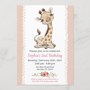 Girl Baby Giraffe Birthday Party Invitation Kaart