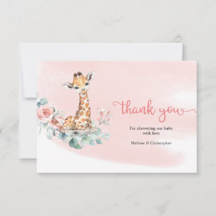 Girl baby giraffe dusty roze bloemen eucalyptus bedankkaart