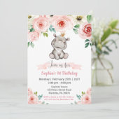 Girl Baby Hippo Birthday Party Invitation Kaart (Staand voorkant)