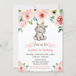 Girl Baby Hippo Birthday Party Invitation Kaart