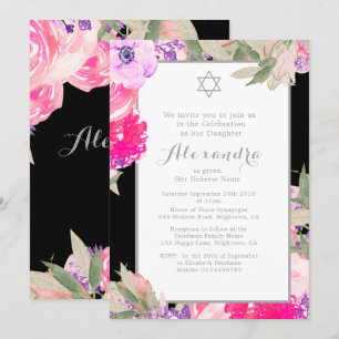 Girl Baby Naming Ceremony Hebrew Floral Elegant Kaart