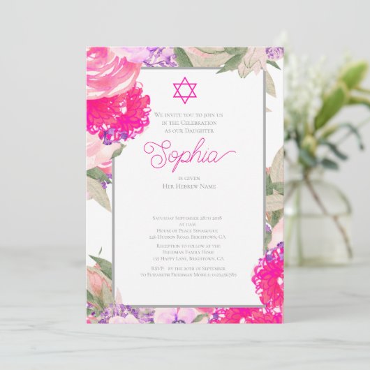 Girl Baby Naming Ceremony Hebrew Floral Silver Kaart (Staand voorkant)