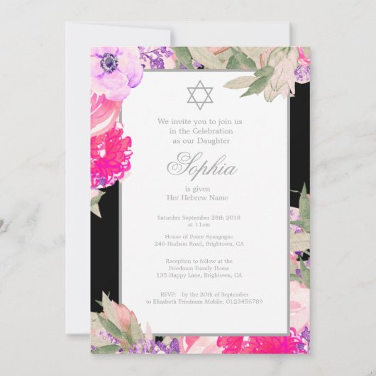 Girl Baby Naming Ceremony Hebrew Floral Silver Kaart (Voorkant)