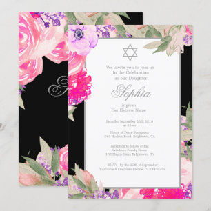 Girl Baby Naming Ceremony Hebrew Floral Silver Kaart