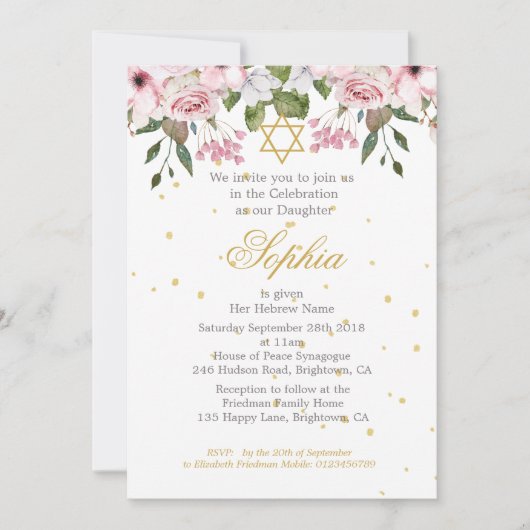 Girl Baby Photo Hebrew Naming Ceremony Floral Kaart (Voorkant)