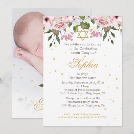 Girl Baby Photo Hebrew Naming Ceremony Floral Kaart (Voorkant / Achterkant)