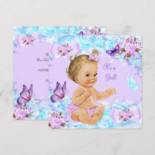 Girl Baby shower Blauwgroen Paars Butterfly Blonde Kaart