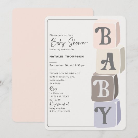 Girl Baby shower Blocks Blush Kaart (Voorkant / Achterkant)
