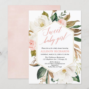 Girl baby shower blush greenery magnolia floral kaart