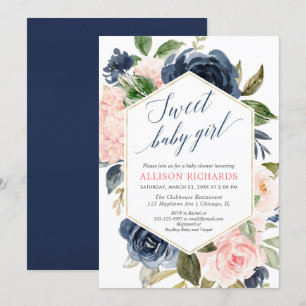 Girl baby shower blush roze navy blue floral kaart