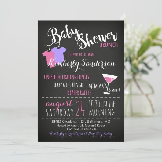 Girl Baby shower Brunch Fun Modern Invitation Kaart (Staand voorkant)