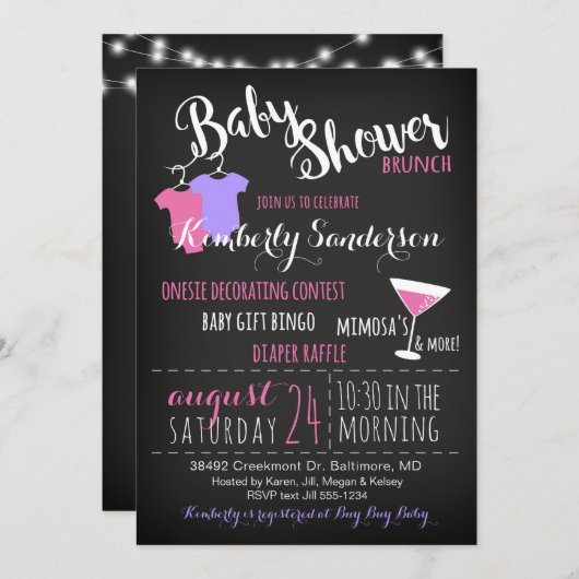 Girl Baby shower Brunch Fun Modern Invitation Kaart (Voorkant / Achterkant)