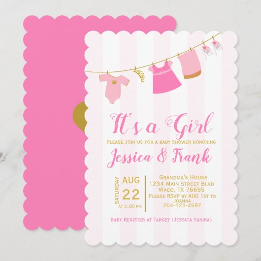 Girl Baby shower Clothes Line Invitation Kaart (Voorkant / Achterkant)