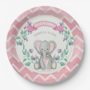 Girl Baby shower Cute Elephant Sweet Peas Chevron Papieren Bordje