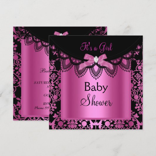 Girl Baby shower Damask Hot Pink Black Kaart (Voorkant / Achterkant)