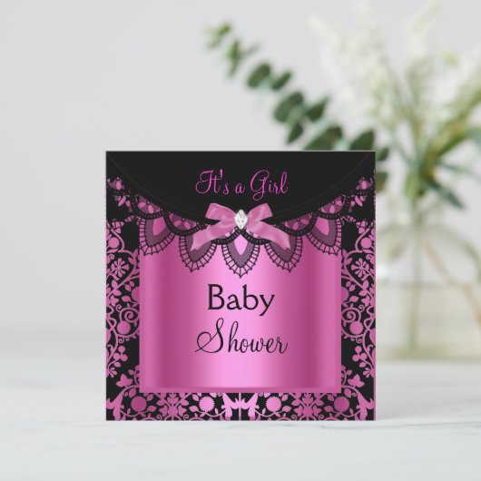 Girl Baby shower Damask Hot Pink Black Kaart (Staand voorkant)