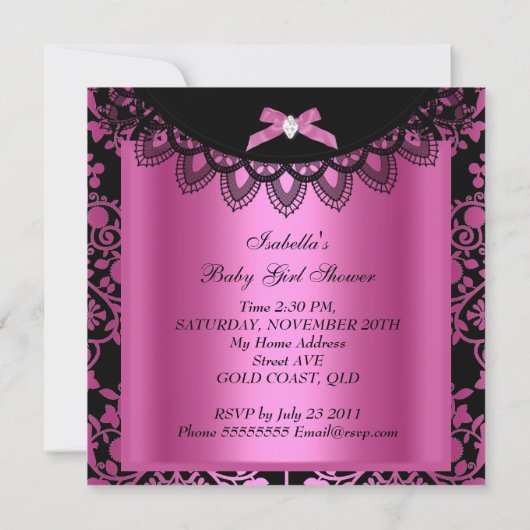 Girl Baby shower Damask Hot Pink Black Kaart (Achterkant)
