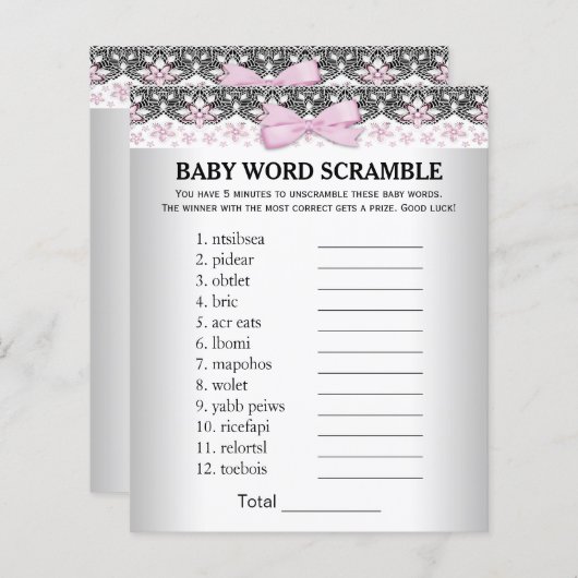 Girl Baby shower Games Word Scramble Rhyme Quiz (Voorkant / Achterkant)