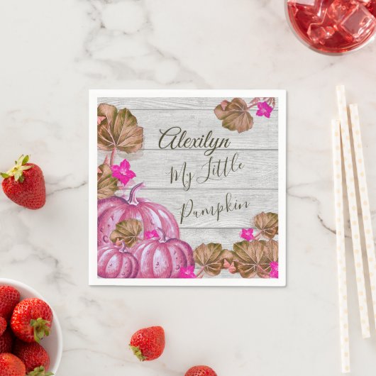 Girl Baby shower Gray Wood Autumn Pink Pumpkin Servet (Insitu)