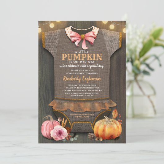 Girl Baby shower Herfst Pumpkin Rustic Burlap Wood Kaart (Staand voorkant)