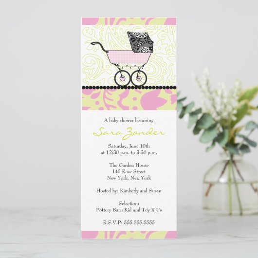 Girl Baby shower Invitation - Baby Carriage Kaart (Staand voorkant)