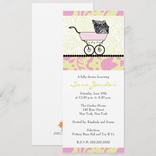 Girl Baby shower Invitation - Baby Carriage Kaart (Voorkant / Achterkant)