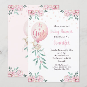 Girl Baby shower Invitation Balloons Pink Baby Kaart