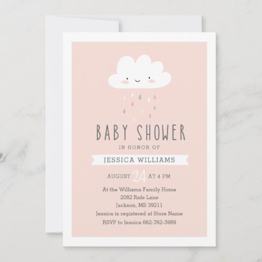 Girl Baby shower Invitation - Cute Cloud in Pink Kaart (Voorkant)