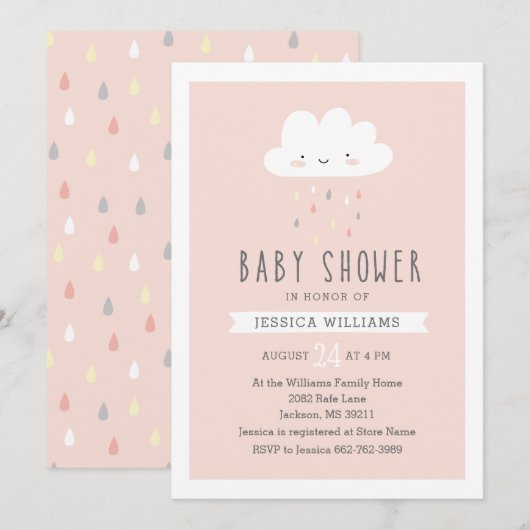 Girl Baby shower Invitation - Cute Cloud in Pink Kaart (Voorkant / Achterkant)