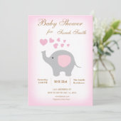 Girl Baby shower Invitation Elephant Pink Hearts Kaart (Staand voorkant)