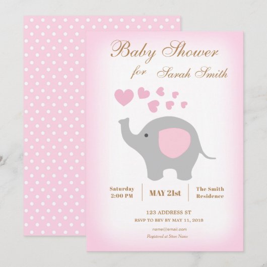 Girl Baby shower Invitation Elephant Pink Hearts Kaart (Voorkant / Achterkant)