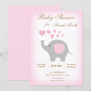 Girl Baby shower Invitation Elephant Pink Hearts Kaart