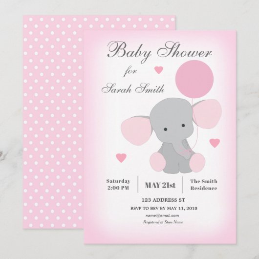 Girl Baby shower Invitation Elephant Pink Kaart (Voorkant / Achterkant)