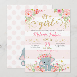 Girl Baby shower Invitation, olifant Baby shower Kaart