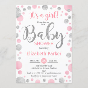 Girl Baby shower Invitation - Pink Silver Stippen Kaart