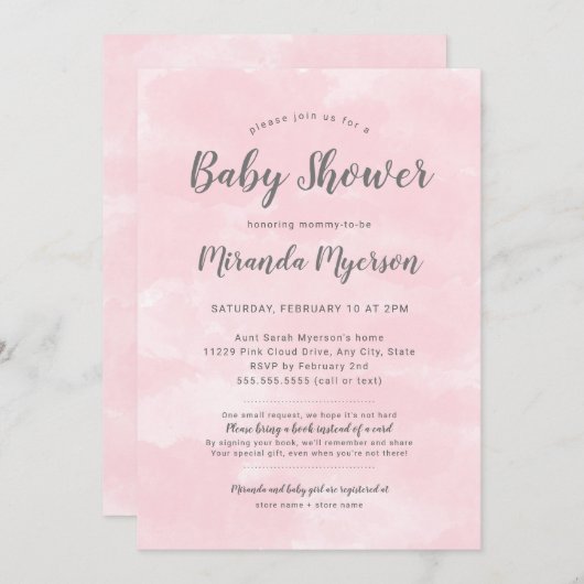 Girl Baby shower Invitation with book request gedi Bedankkaart (Voorkant / Achterkant)