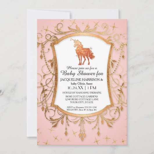 Girl Baby shower Magical Unicorn Roos Gold Sparkle Kaart (Voorkant)