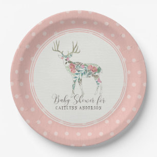 Girl Baby shower Modern Floral Roos Deer Antlers Papieren Bordje