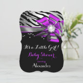 Girl Baby shower Paars Roze Zebra Black Silver 2 Kaart (Staand voorkant)