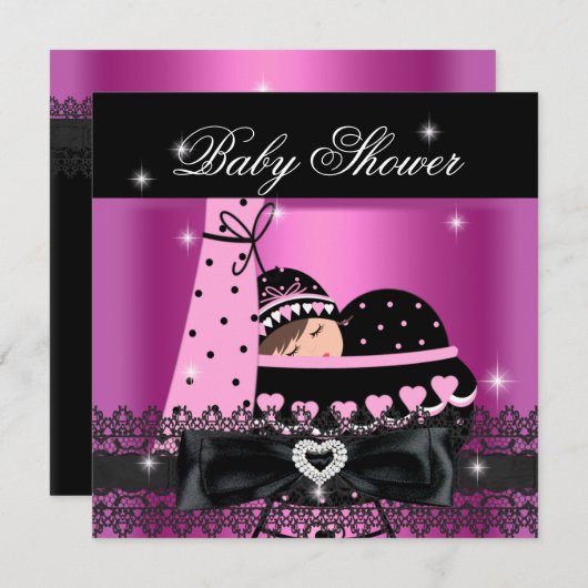 Girl Baby shower Party Pink Black Lace Kaart (Voorkant / Achterkant)