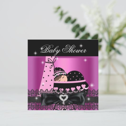 Girl Baby shower Party Pink Black Lace Kaart (Staand voorkant)