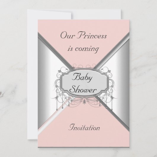 Girl Baby shower Party Pink Silver Invitation Kaart (Voorkant)