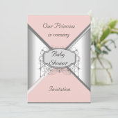 Girl Baby shower Party Pink Silver Invitation Kaart (Staand voorkant)