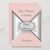Girl Baby shower Party Pink Silver Invitation Kaart (Voorkant / Achterkant)