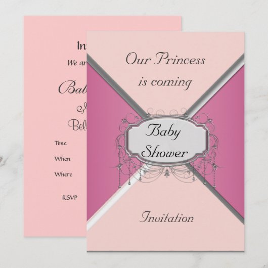 Girl Baby shower Party Pink Silver Invitation Kaart (Voorkant / Achterkant)