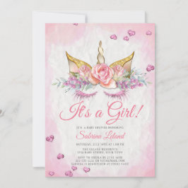 Girl Baby shower Pink Fantasy Sleepy Unicorn Kaart