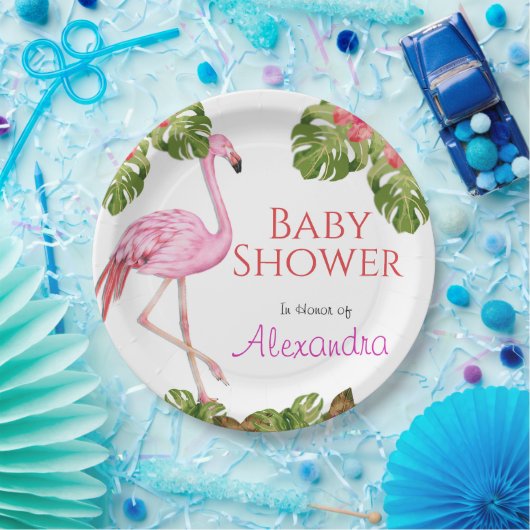 Girl Baby shower Pink Flamingo Tropical Willife Papieren Bordje (Feest)