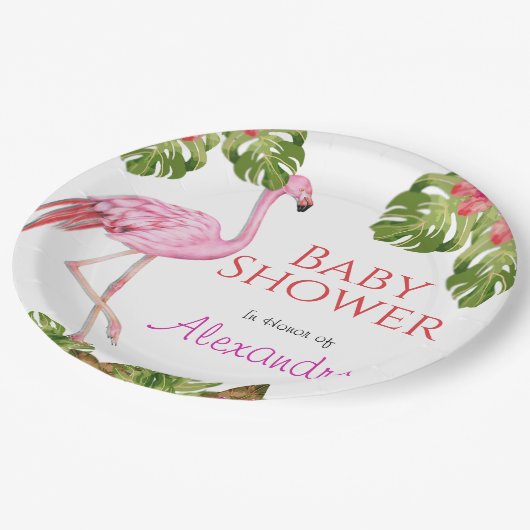 Girl Baby shower Pink Flamingo Tropical Willife Papieren Bordje (Gekanteld)